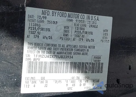 2000 Ford Explorer Xls from USA, damaged, VIN 1FMZU62X7YUB23934